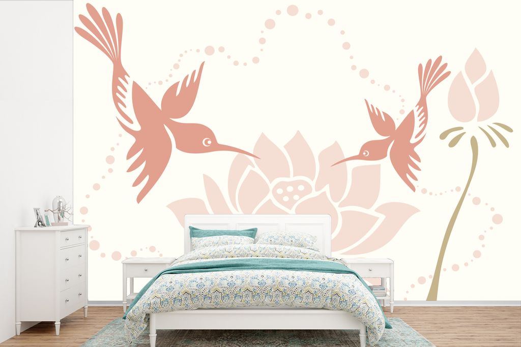 MuchoWow Fototapete für Wohnzimmer oder Schlafzimmer Wandtapete Vinyl Motivtapete Illustration einer Lotosblume mit Vögeln - 450x300 cm - Gemus...