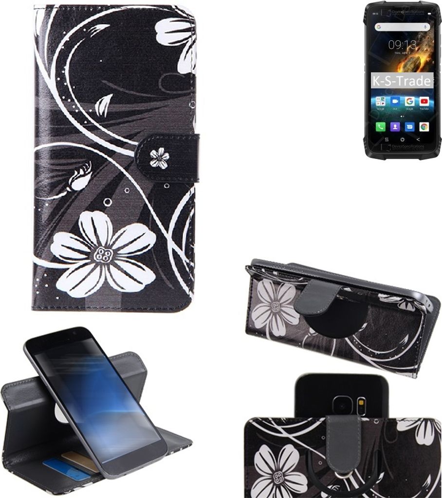 K-S-Trade Schutzhülle Handyhülle kompatibel mit Blackview BV6900 Hülle 360° Wallet Case ''Flowers'' Klapphülle Hülle schwarz-weiß 1x