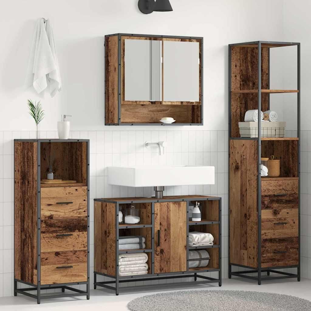 "Schlussverkauf" Badezimmer Sets mit Schubladen 4 Stück - Badmöbel/Badschrank/Badregal - Altholz Holzwerkstoff C13218