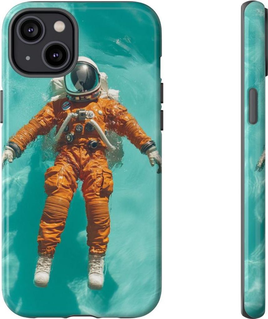 Schwebender Astronaut im orangefarbenen Anzug auf türkisfarbenem Wasser – Hülle Kompatibel mit iPhone 14 Plus