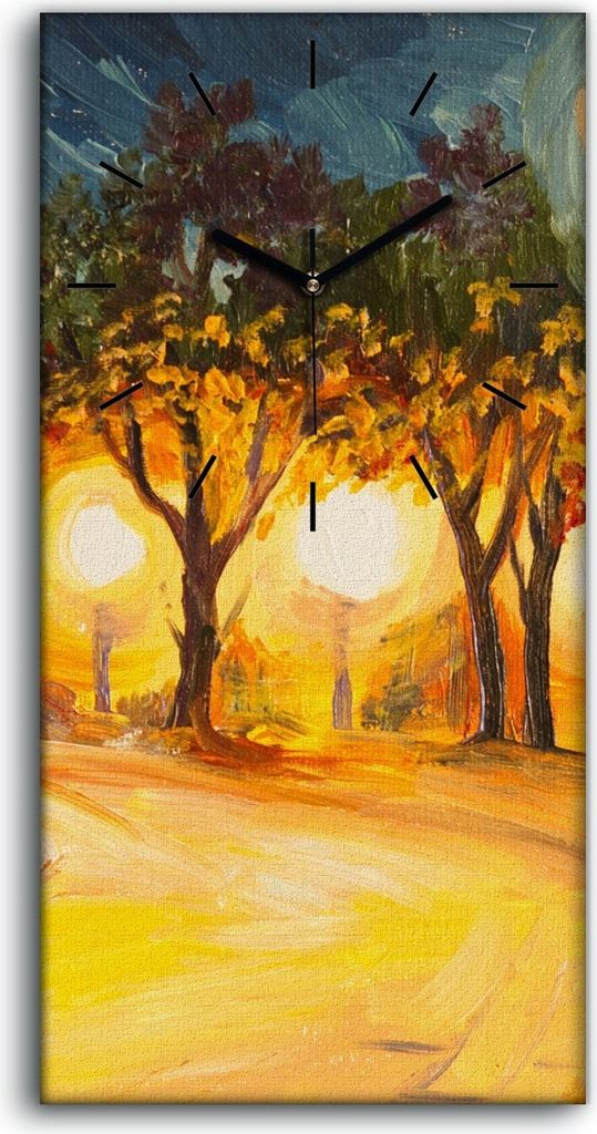 Leinwand Uhr Küche Wohnzimmer Bild 30x60 Ölgemälde Stadt Lampen Nacht Bäume - schwarze Hände