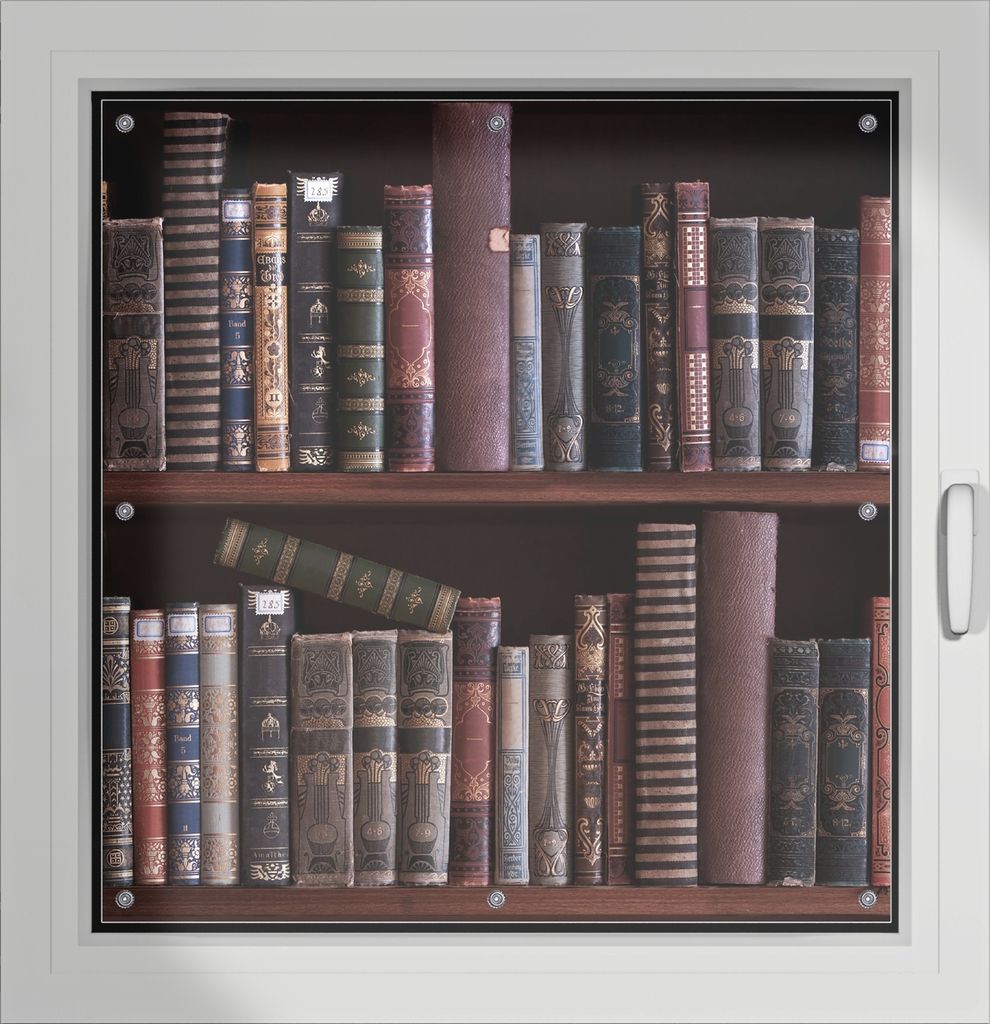 Wallario Lichtschutzbild, Dekorativer Sichtschutz Sonnenschutz 96 x 100 cm mit Motiv: Bücherregal mit alten Büchern - Verdunklung ohne Bohren