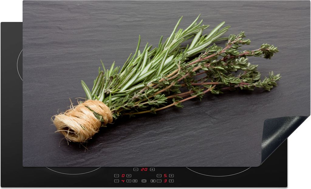 KitchenYeah Herdabdeckplatte Thymian - Kräuter - Grün - Tisch - Küche - Stein , 91x52cm, Küche Deko, Ceranfeld Herdabdeckung, Abdeckplatte f...