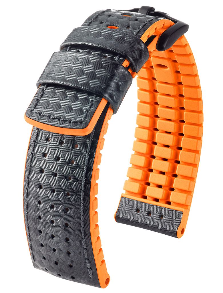 Hirsch Ayrton L schwarf und orange Lederarmband 22 mm 0917692050-5-22