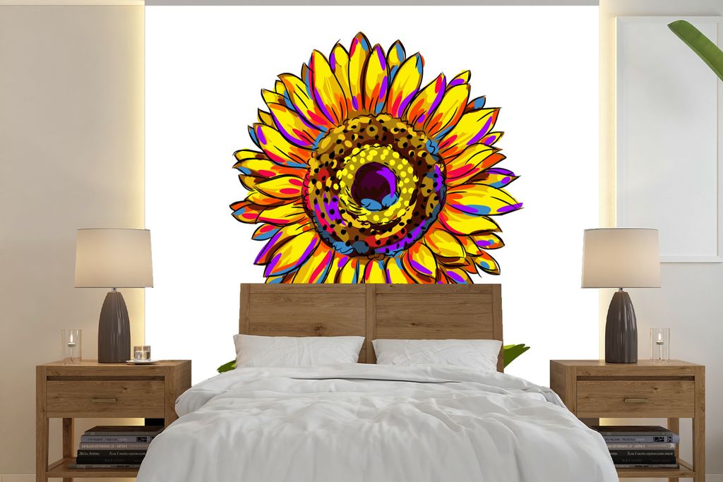 MuchoWow Fototapete für Wohnzimmer oder Schlafzimmer Wandtapete Vinyl Motivtapete Illustration einer bunten Sonnenblume - 280x280 cm - Hintergru...