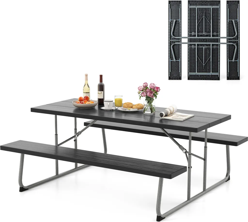Table de Brasserie 183cm avec Bancs Pliables HDPE et Cadre en Métal
