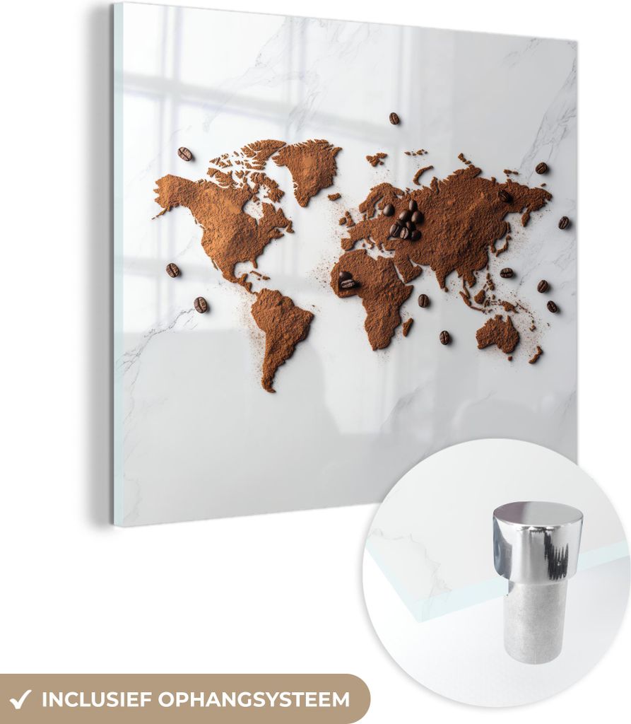 MuchoWow Glasbilder - Bilder auf Wandbild - Foto auf Glas Weltkarte - Kaffee - Marmor 40x40 cm Wanddekoration aus Glas - Acrylglasbild - Acrylbilder