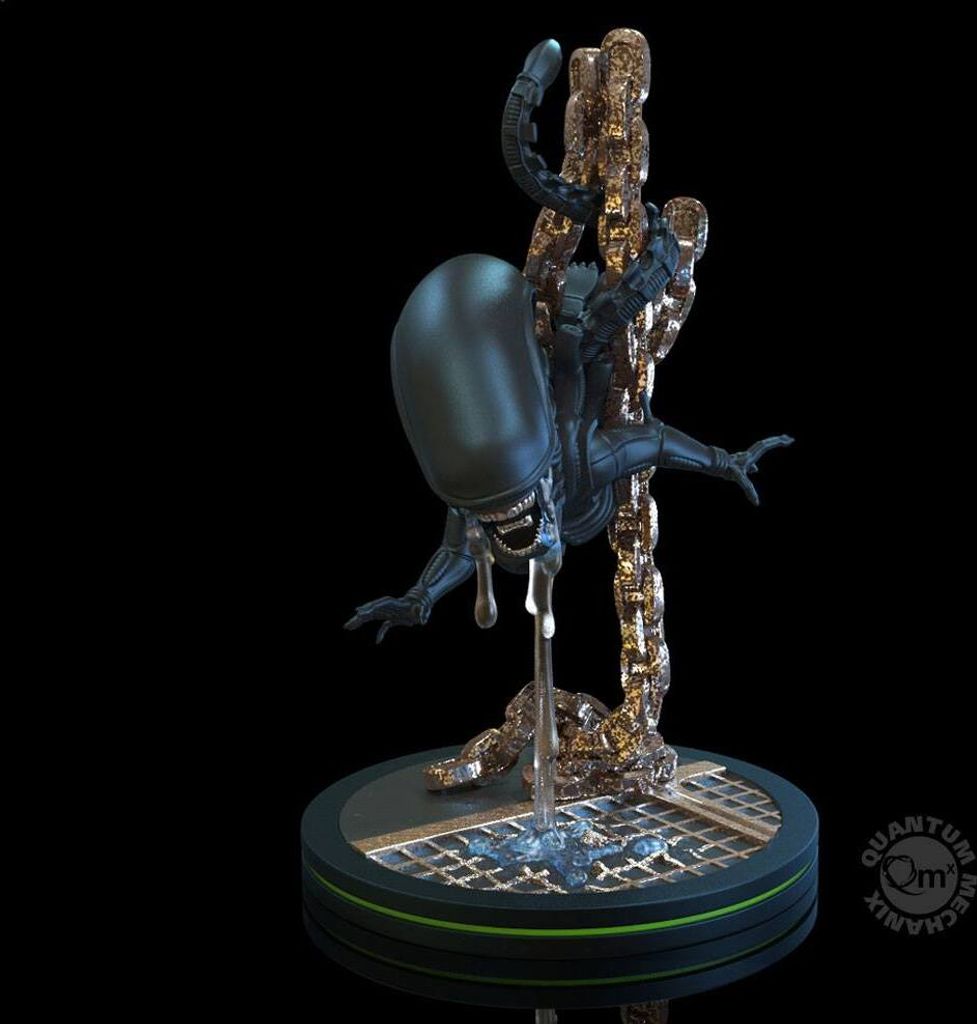 A detailed figurine of a Xenomorph from the Alien franchise, posed dynamically on a textured base with dripping liquid.