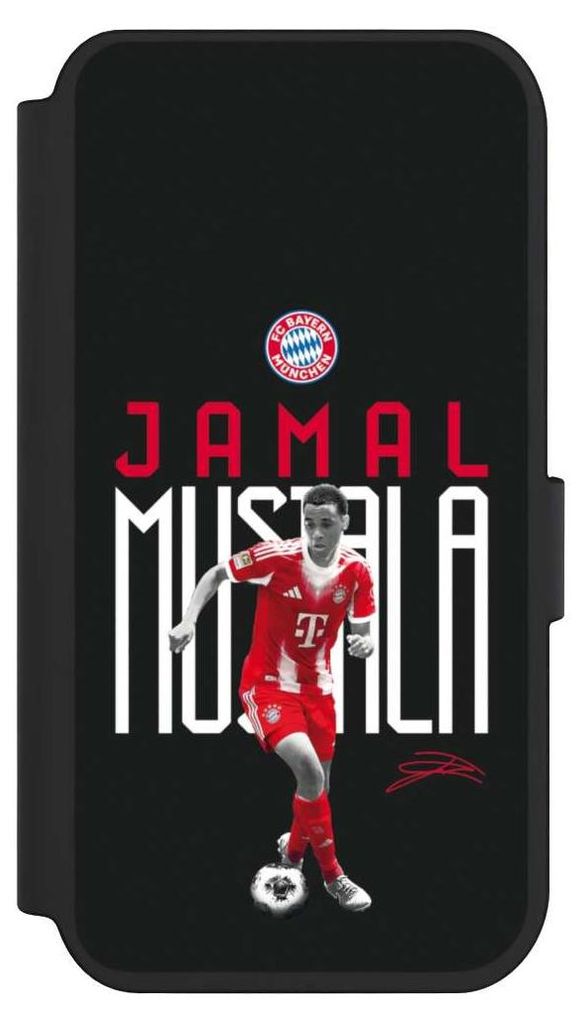 NIVOCASE Klapphülle für Apple iPhone 14 Pro Handyhülle aus Kunst Leder NIVOflip schwarz FC Bayern München Offizielles Lizenzprodukt Jamal Musiala