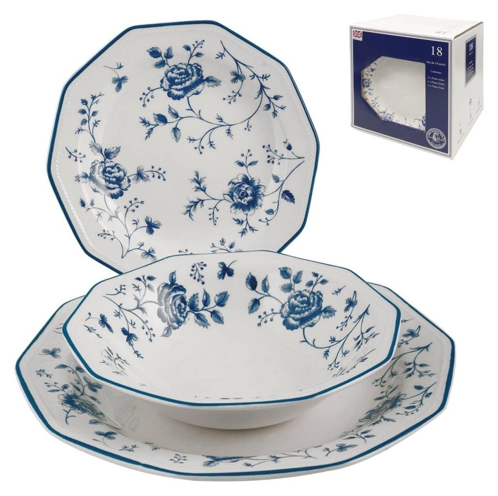 Churchill Rose Tafelservice, Steingut, Weiß/Blau, S, 18 Einheiten