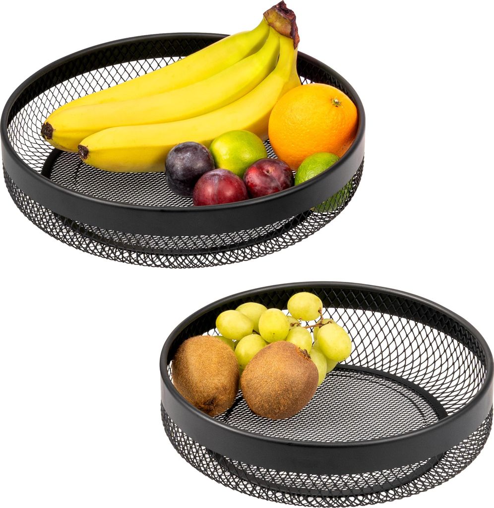 eluno Obstkorb – Brotkorb 2er Set, runde Obstschale, aus schwarzem Metall