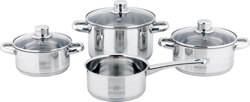 A set of four stainless steel pots with glass lids, arranged on a white background.