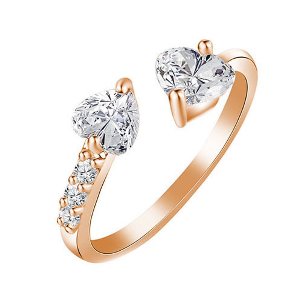 Offener Ring mit doppeltem Liebesherz für Damen, glänzender Zirkon, Kupfer, Hochzeit, Brautschmuck-Golden