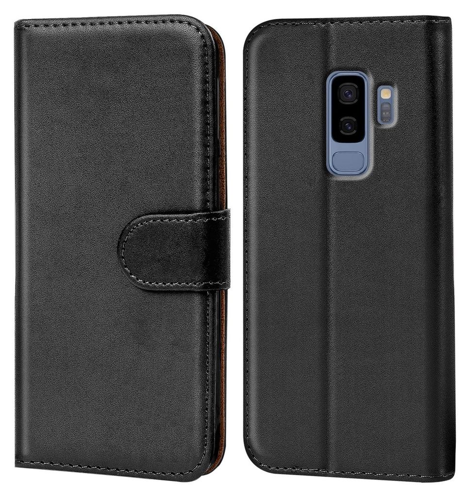 A black flip case for a Samsung Galaxy S9 Plus phone is shown, with the phone inserted in the right panel.