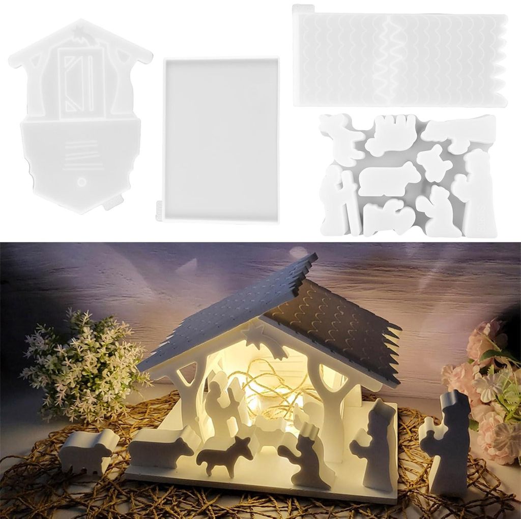 4 Silikonformen, Gussformen, 3D-Haus, Krippenszene, Weihnachten