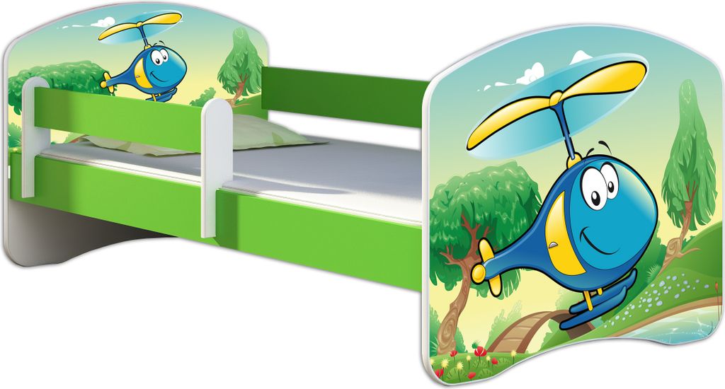 ACMA Jugendbett Kinderbett Junior-Bett Komplett-Set mit Matratze Lattenrost und Rausfallschutz Grün 35 Hubschrauber 160x80