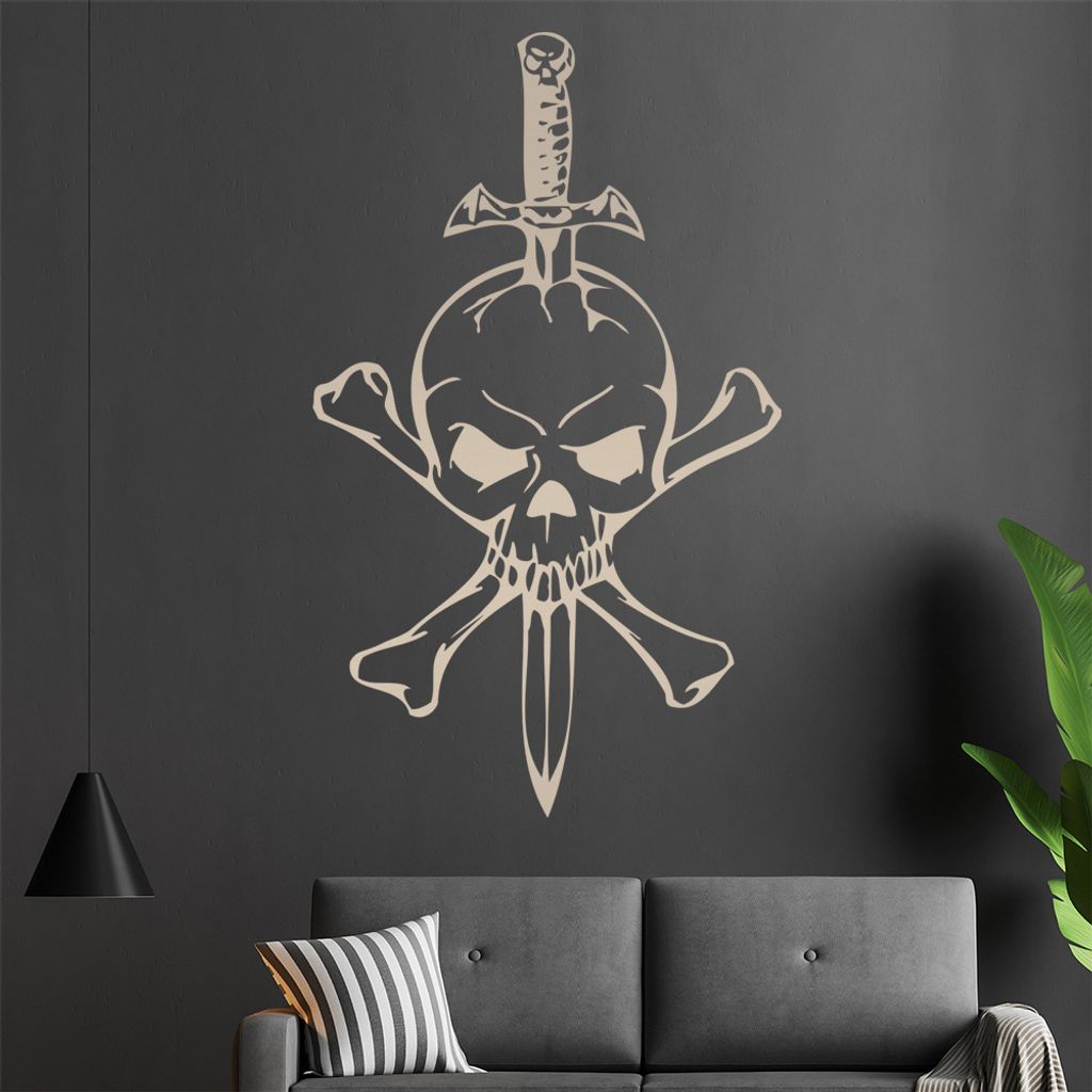 Schädel mit Dolch Wandtattoo in 6 Größen - Wandaufkleber Wall Sticker - Dekoration, Küche, Wohnzimmer, Schlafzimmer, Badezimmer