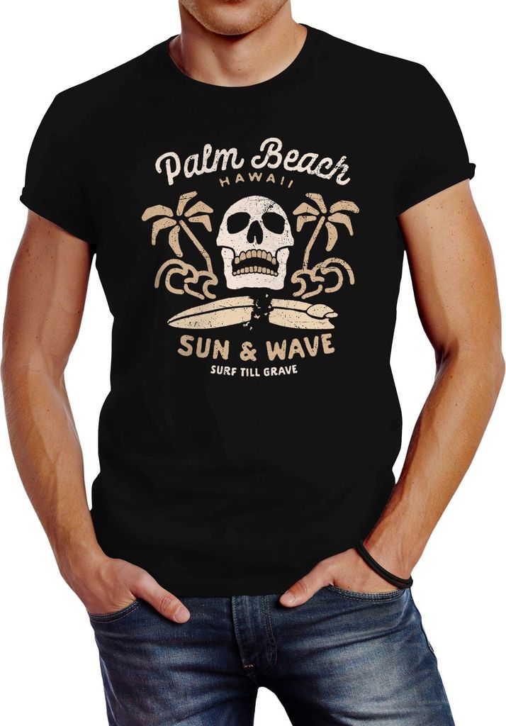 Herren T-Shirt Surf-Motiv Totenkopf Palm Beach Neverless schwarz 5XL