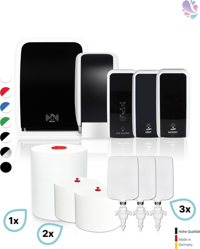 HYGIENE-KOMPLETT-Set SENSOR: Handtuch-, Schaumseifen-, Desinfektions-, Toilettenpapierspender & Sitzreiniger inkl. Füllmittel : Farbe - Schwarz / ...