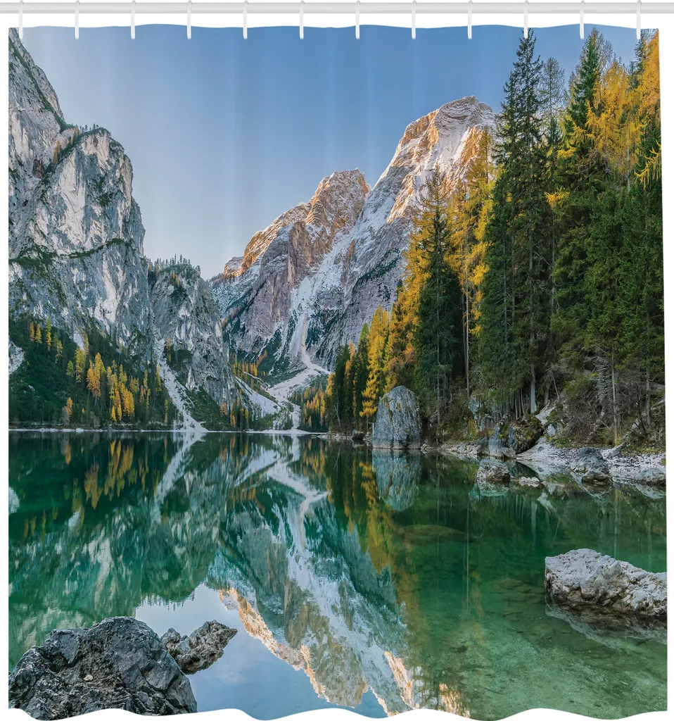 ABAKUHAUS Tenda da doccia naturale, paesaggio autunnale con alberi sfumati e montagne Riflesso puro nell'acqua Foto da sogno, tessuto Set decorativo per bagno con ganci, 175x200 cm, verde grigio