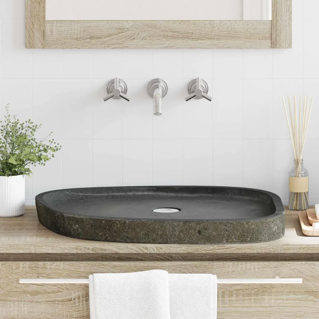 Lavabo pierre de rivière poli 65x50x6 cm gris vasque robuste et artisanale