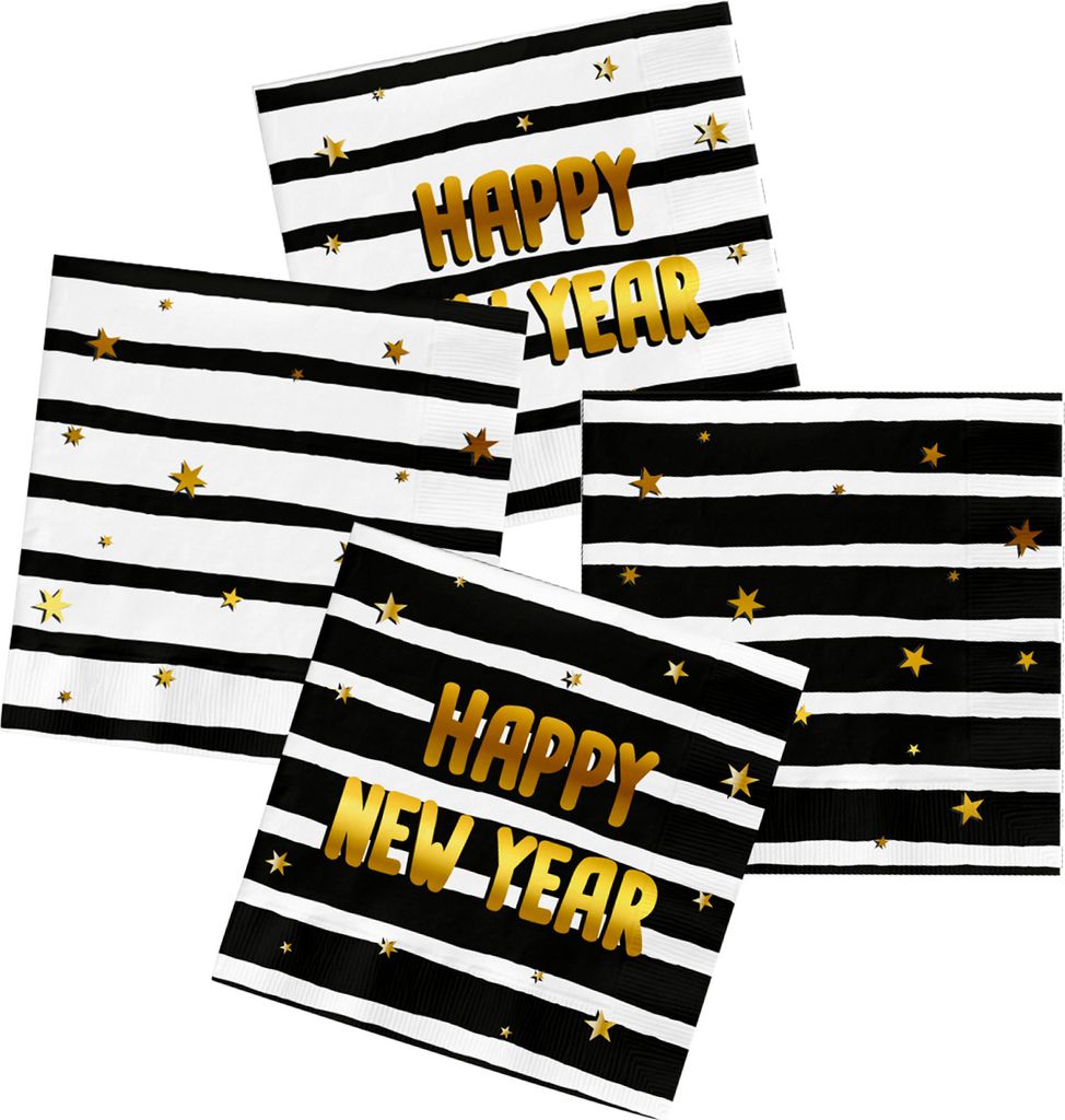 20 Servietten Happy New Year schwarz weiß gold Silvester Neujahr