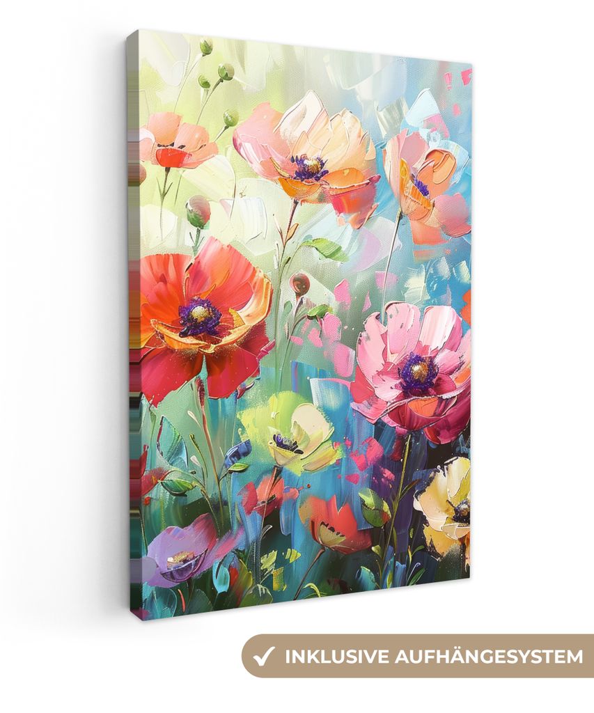 MuchoWow - Leinwandbilder - Blumen - Farbenfroh - Aquarell - Natur - Sommer, Wandbild, Wanddeko Bilder Wohnzimmer, 40x60 cm