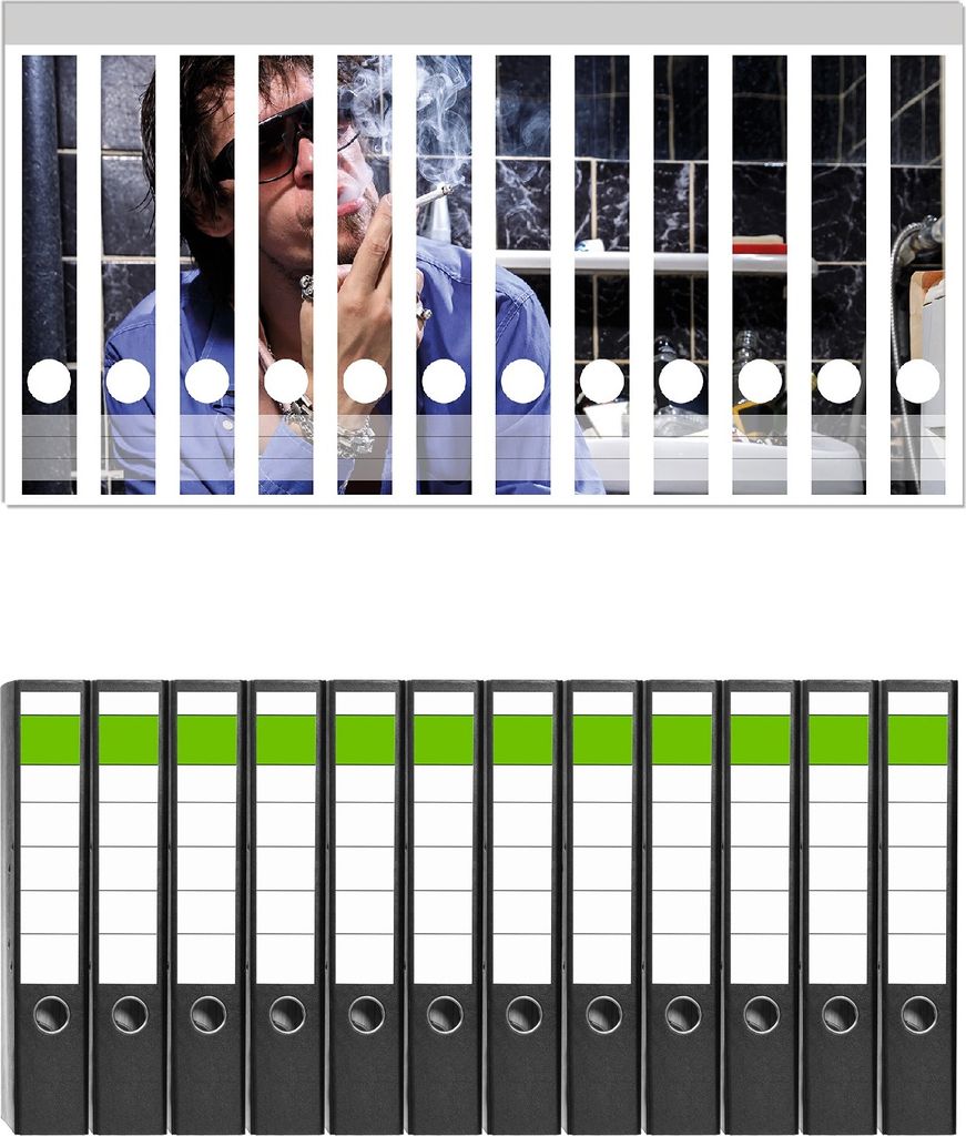 Wallario 12 Stück schmale Ordner inkl. Klebeetiketten mit Motive Kloparty - Sexy Mann auf Toilette mit Zigarette - Set mit Rückenschildern / Ord...