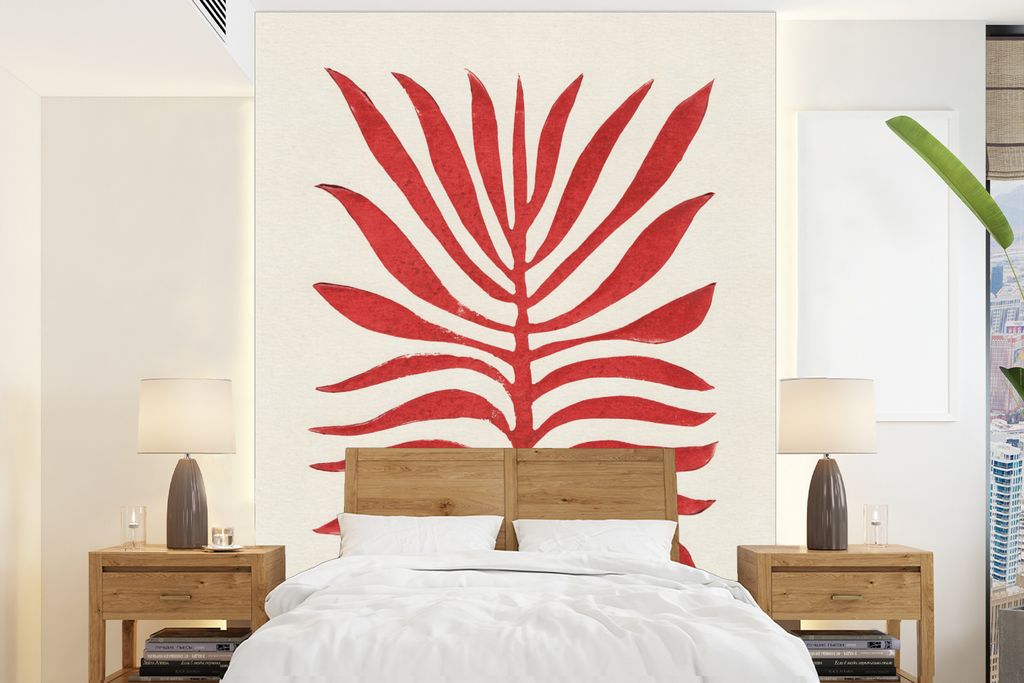 MuchoWow Fototapete für Wohnzimmer oder Schlafzimmer Wandtapete Vinyl Motivtapete Pflanze - Rot - Blätter - Abstrakt - 175x240 cm - Schlafzimme...