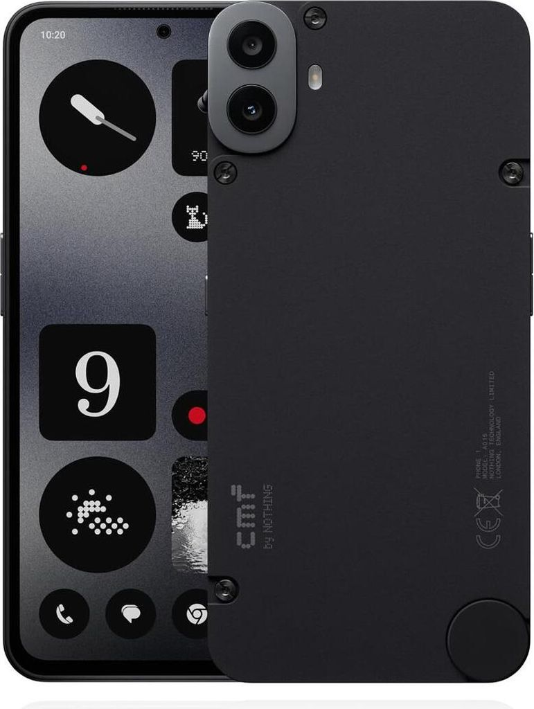 A black smartphone with a unique design is shown from the front and back, with its screen displaying a stylized interface.