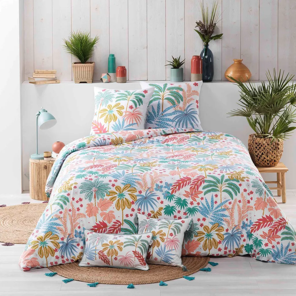Parure de lit Feuilles Maya en coton supérieur avec housse et taies