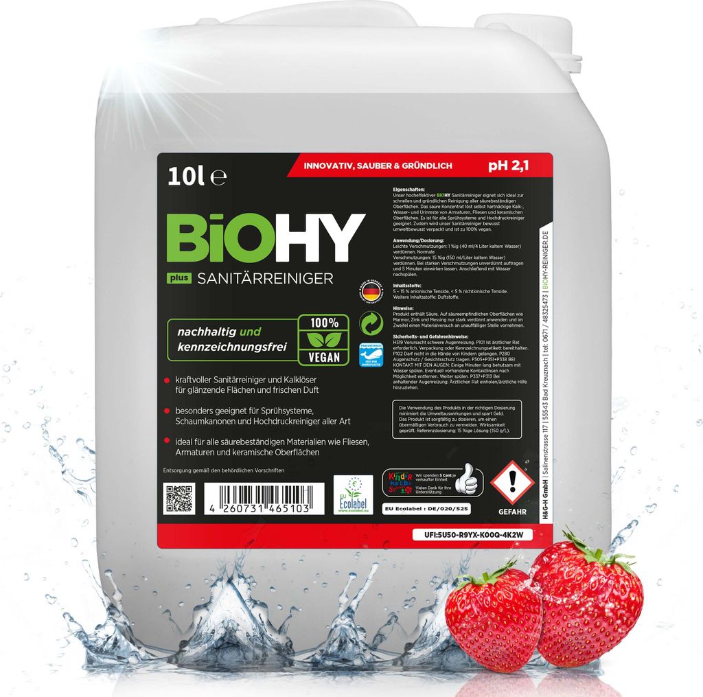 BiOHY Sanitärreiniger Plus, Badreiniger, Kalklöser, Badezimmer Reiniger – 1 x 10 Liter Kanister