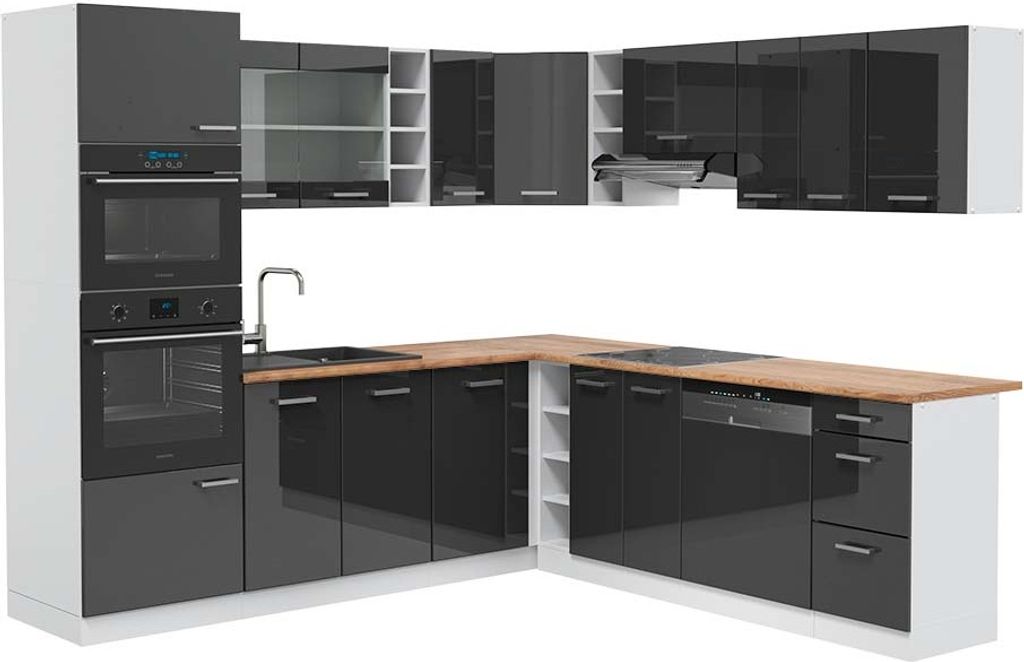 Eckküche Vicco R-Line Anthrazit Hochglanz 247 x 60 cm , AP Eiche, Model 42584