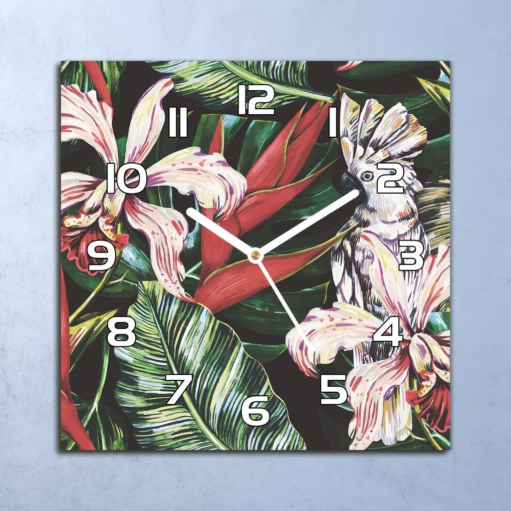 Deko Glasuhr Wanduhr 30x30 Tropische Papageien Quarz Küchenuhr Bürouhr