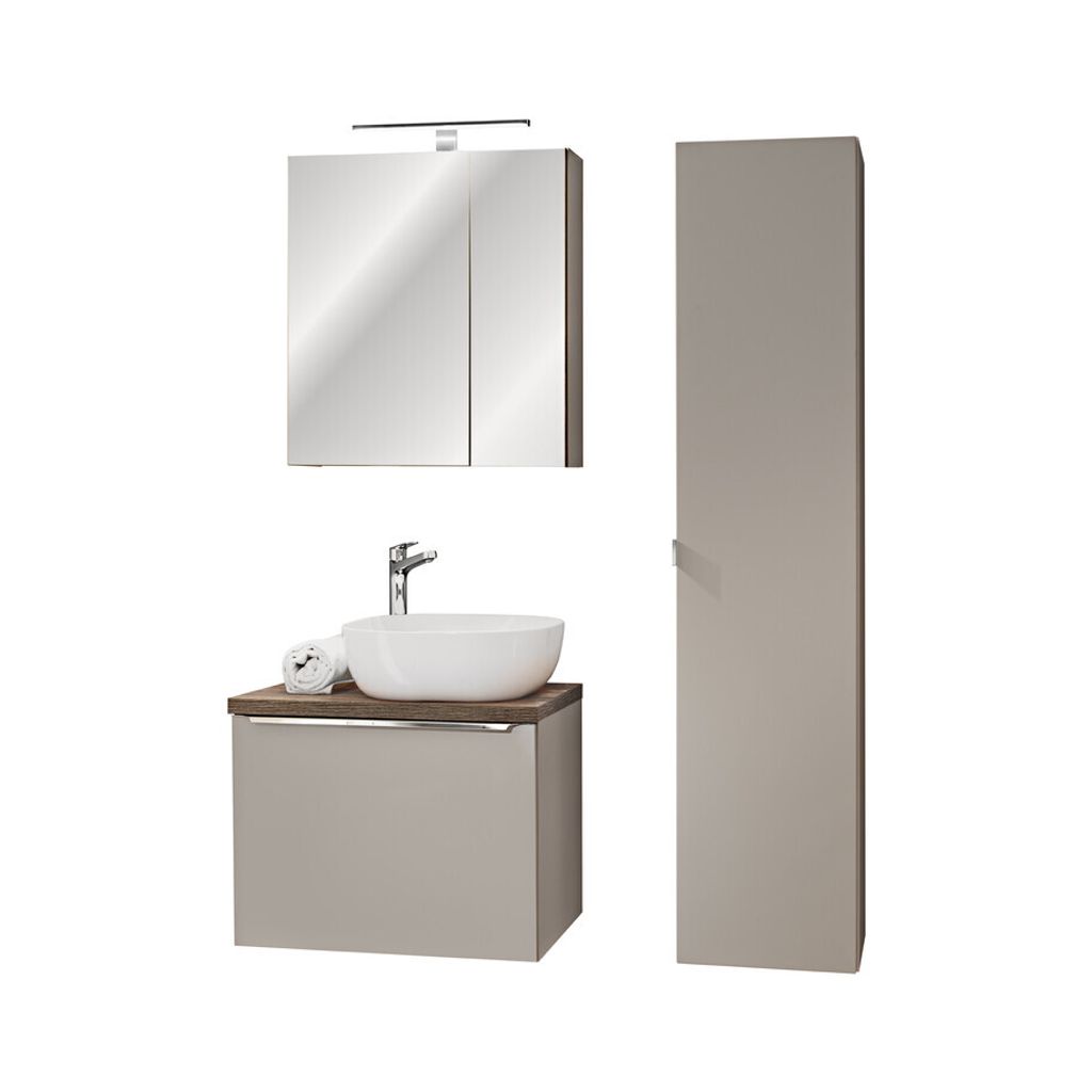 Badmöbel-Set Hochschrank mit einer Tür und zwei Schubladen & Spiegelschrank, Santa Fe Taupe S BM41 - Clay Grey/Santa Fe Vintage Oak
