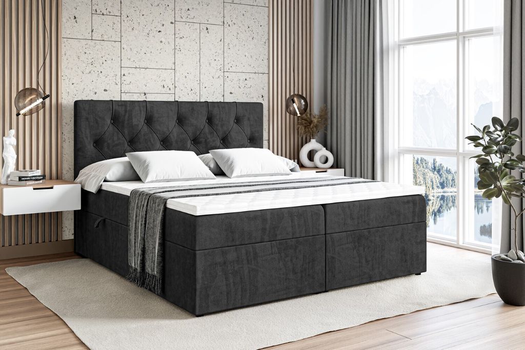 ALTDECOR Boxspringbett mit H4 Matratze und Topper - 140 x 200 cm - MIRAGE - Schwarz Samt - Polsterbett mit Bettkasten und Lattenrost, Bett mit Stau...