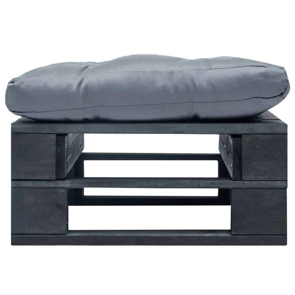 Pouf de jardin en palettes avec coussin noir et cadre en bois gris chic