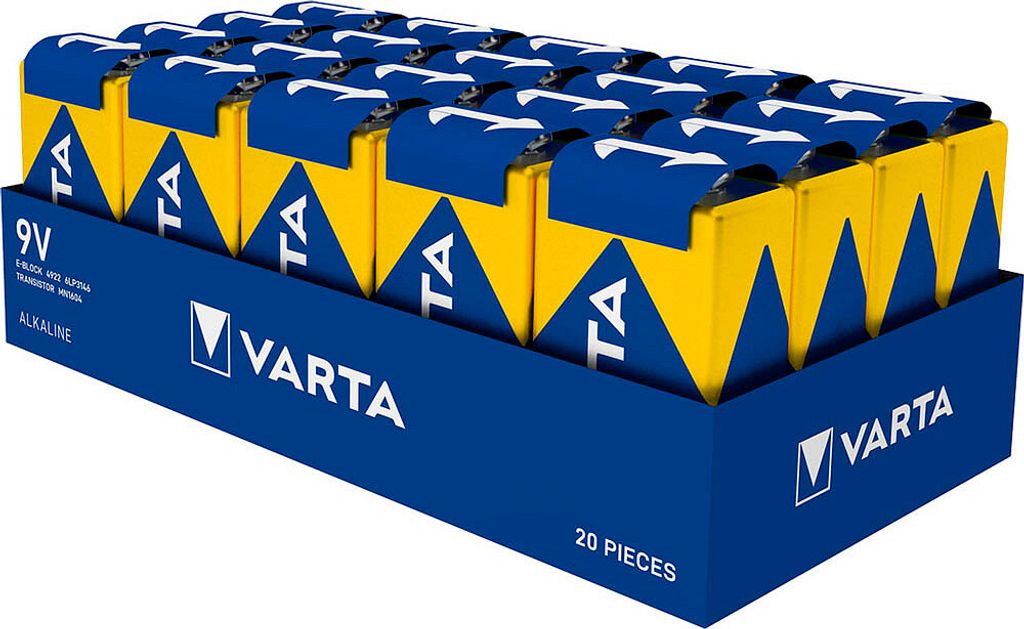 A cardboard box containing twenty 9V VARTA batteries.
