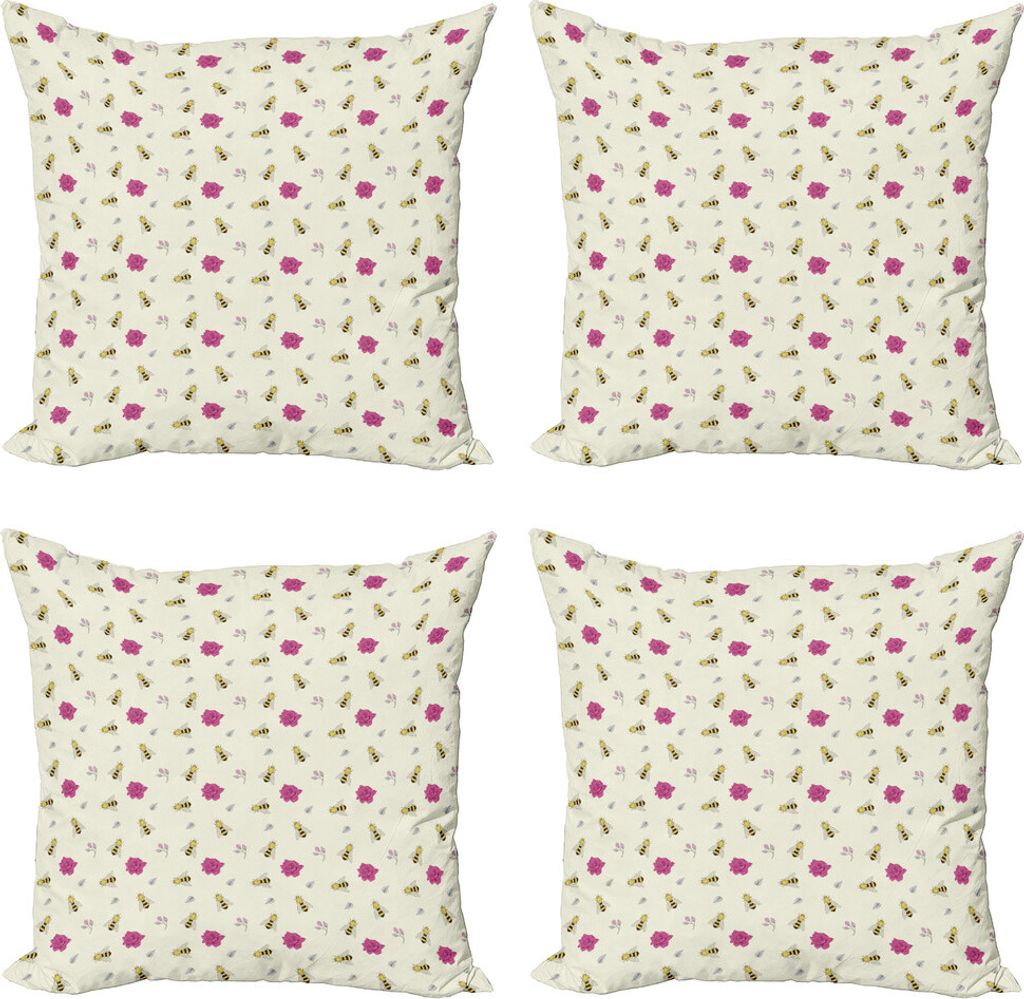 ABAKUHAUS Biene Kissenbezug Set (4 Stück), Hand gezeichnete Bienen Rosen-Knospen, Moderner Doppelseitiger Digitaldruck, 60 cm x 60 cm, Mehrfarbig