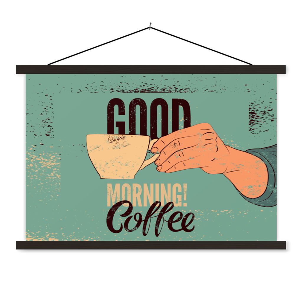 MuchoWow Textilposter Kaffee - Zitate - Retro - Guten Morgen! Kaffee - Zitate 120x80 cm mit schwarzem Rahmen - Wanddeko