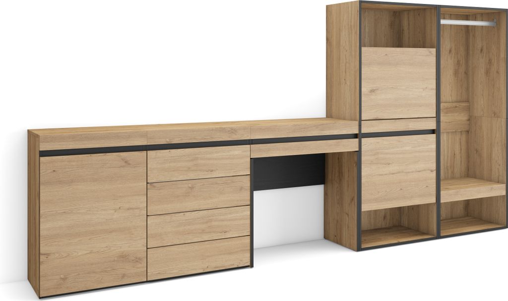 Schuhregal, Schuhschrank, 297x35x145 cm, Für Schlafzimmer, Zimmer, Offener Kleiderschrank, Kommode mit Schubladen, Schminktisch, Eiche