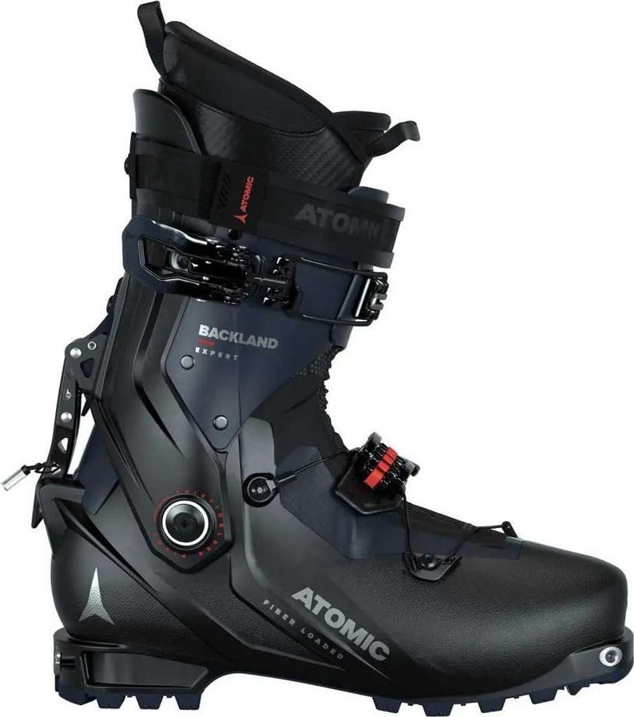 A black ski boot with blue accents and red detailing, shown from the side against a white background.