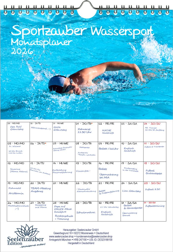 Sportzauber Wassersport Planer DIN A4 Kalender für 2026 Freizeit Sport Fitness- Seelenzauber