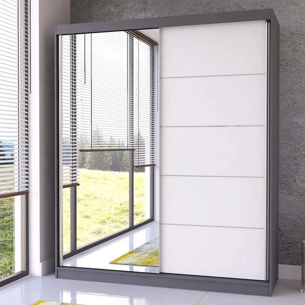 Schwebetürenschrank mit Spiegel in Grau/Weiß
Breite:	183 cm
Höhe: 218 cm	
Tiefe: 61 cm