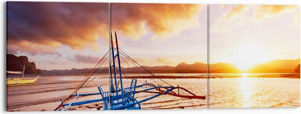 Bild auf Leinwand - Leinwandbild - Ufer Boot Strand - 150x50cm - Wand Bild - Wanddeko - Wandbilder - Leinwanddruck - Bilder - Kunstdruck - Wanddeko...