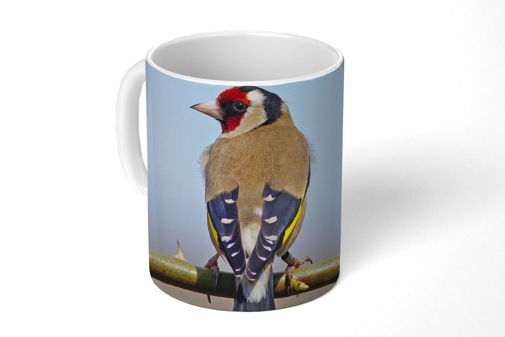 KitchenYeah Tasse Kaffeetasse Kaffeebecher 350 ml Ein Stieglitz sitzt auf einem Ast Teetasse - Fototasse - Becher - Keramikbecher - Teebecher - K...