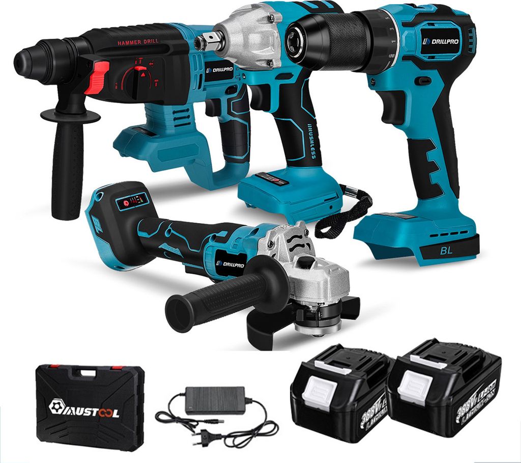 A set of cordless power tools including a hammer drill, impact wrench, and angle grinder, along with two batteries, a charger, and a carrying case.