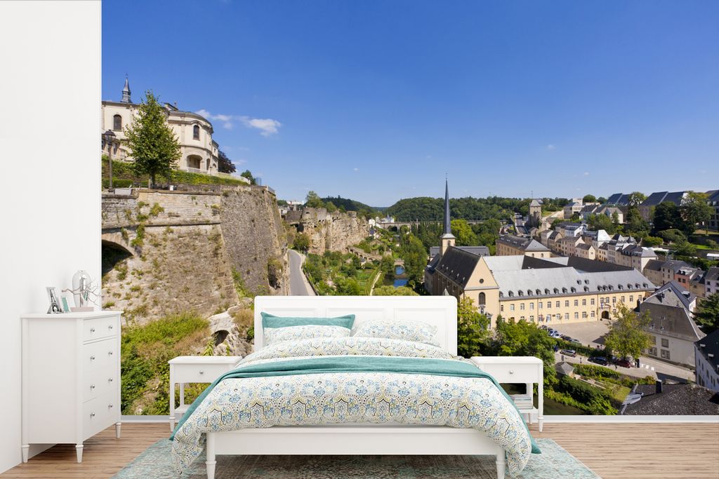 MuchoWow Fototapete für Wohnzimmer oder Schlafzimmer Wandtapete Vinyl Motivtapete Ein großes Schloss in Luxemburg in der Nähe einer Stadt - 52...