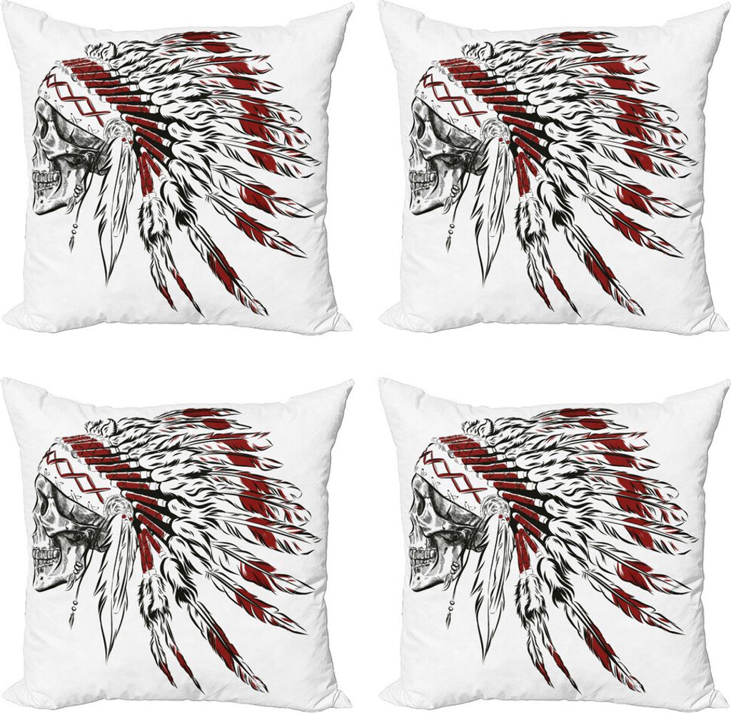 ABAKUHAUS Stammes Kissenbezug Set (4 Stück), Feder-Kopfschmuck, Moderner Doppelseitiger Digitaldruck, 40 cm x 40 cm, Burgund Schwarz Weiß
