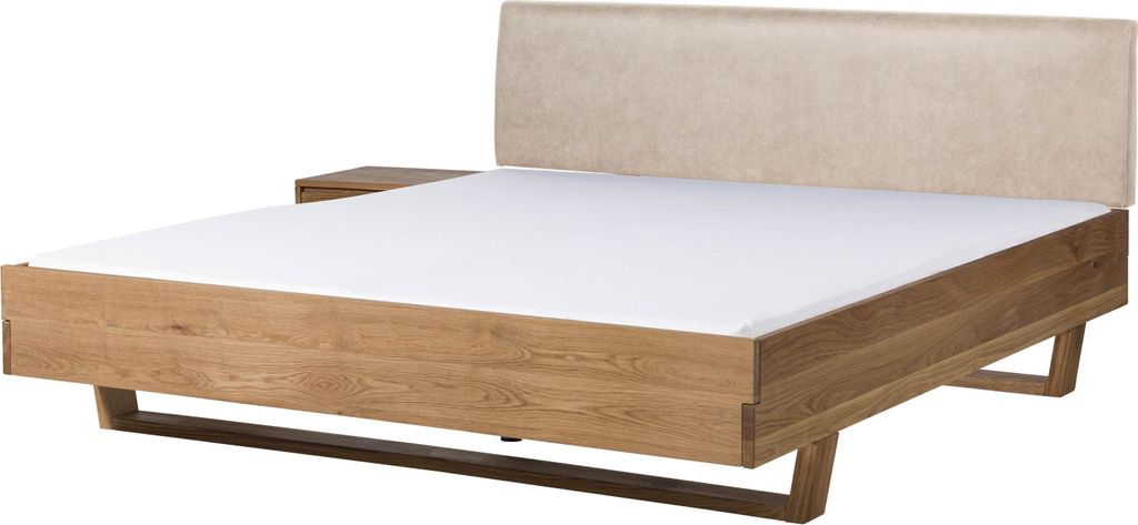 MASSIVMOEBEL24 Bett mit Nachttisch links Eiche 140x200x85 natur geölt, Kopfteil beige FICHTELBERG #149